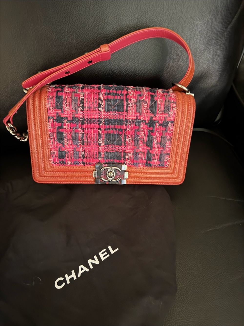 CHANEL Pink Tweed & Brown Leather Boy Bag with Silver Hardware